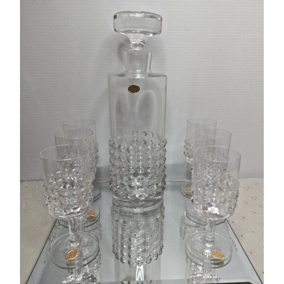 Crystal Decanter & 6 Glasses Whiskey Bourbon Crystal Poland Original Sticker MCM - Picture 1 of 16